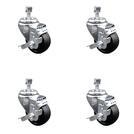 Service Caster 3 Inch SS Soft Rubber Wheel Swivel 3/8 Inch Threaded Stem Caster Set Brake SCC SCC-SSTS20S314-SRS-TLB-381615-4
